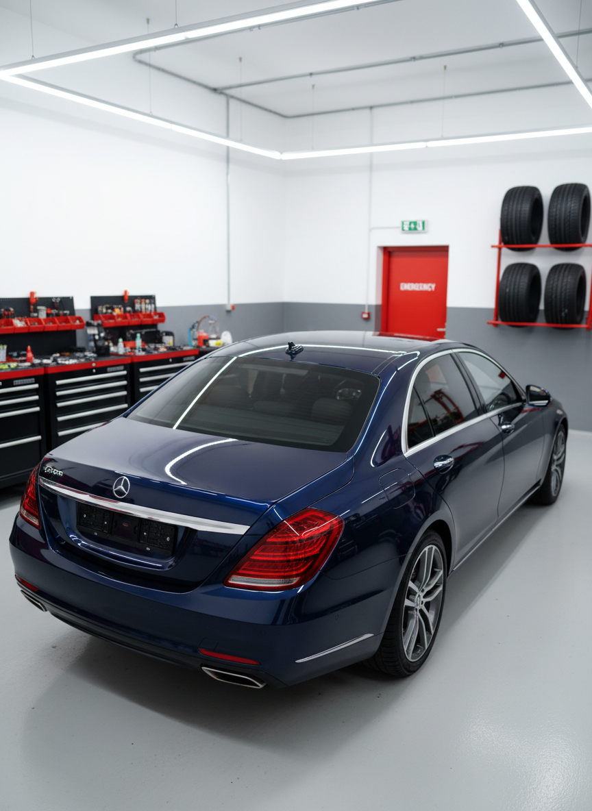 A glossy navy-blue sedan captured from a low, three-quarter rear angle inside a professional mechanical workshop, emphasizing its newly serviced, spotless appearance. The car’s bodywork reflects the surrounding environment: tidy tool cabinets, a wall-mounted rack of tires, and a clearly marked emergency exit door, all slightly blurred to keep focus on the vehicle. Overhead LED strip lights cast bright, consistent illumination, creating crisp reflections along the car’s contours and a subtle sheen on the polished floor. The photographic realism and rule-of-thirds composition convey reliability and high-quality care for vehicles. The atmosphere feels calm, controlled, and expertly managed, highlighting the results of thorough mechanical and preventive service, with no people present anywhere.