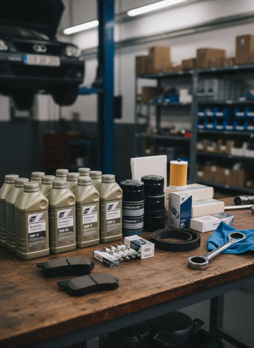 A neatly arranged display of automotive maintenance supplies on a sturdy wooden workbench inside a mechanical shop: high-quality motor oil bottles in various viscosities, pristine oil and air filters, spark plugs, timing belts, and brake pads laid out in an orderly grid. A clean, folded microfiber cloth and a torque wrench rest beside them. The background shows a softly blurred glimpse of a car on a lift and organized shelves of labeled parts. Soft, diffused overhead lighting creates gentle reflections on plastic and metal surfaces without glare. Captured from an eye-level angle with moderate depth of field, the photographic, clean and modern composition communicates the importance of preventive maintenance and professionalism, with no human figures included.