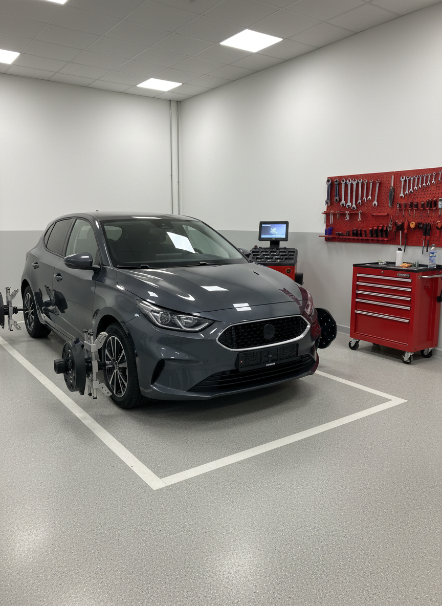 A dark gray compact car positioned perfectly between painted lines in a spotless workshop inspection bay, its hood closed, tires aligned straight on a clean, textured concrete floor. To the side, a bright red rolling toolbox and an orderly wall-mounted tool panel form a visually balanced backdrop. A tire balancing machine and wheel alignment sensors stand ready nearby. Neutral, diffused workshop lighting eliminates harsh shadows, creating an evenly lit, highly detailed scene. Photographic realism from a slightly elevated three-quarter front view highlights the vehicle and the precision equipment. The atmosphere is confident and professional, suggesting complete, preventive check-ups and reliable service, with absolutely no people visible anywhere.