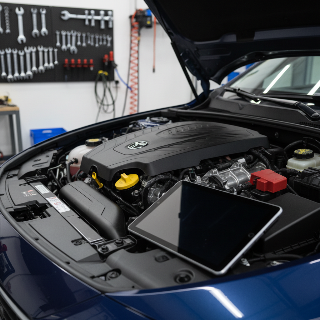 A close-up, photographic realism shot of a car engine bay, meticulously clean, with black plastic covers, polished metal components, and bright yellow and red service caps standing out against the darker textures. A diagnostic tablet rests on the fender, its dark screen reflecting the engine contours. The car is parked inside a tidy mechanical workshop, with a blurred background of tool boards and compressed air hoses hanging neatly. Cool white overhead lights create precise reflections on metallic surfaces, emphasizing technical detail. Shot from a slightly elevated angle with shallow depth of field, the mood is technical and trustworthy, showcasing expertise in preventive and general mechanics, while keeping the environment uncluttered and professional, with no human presence.