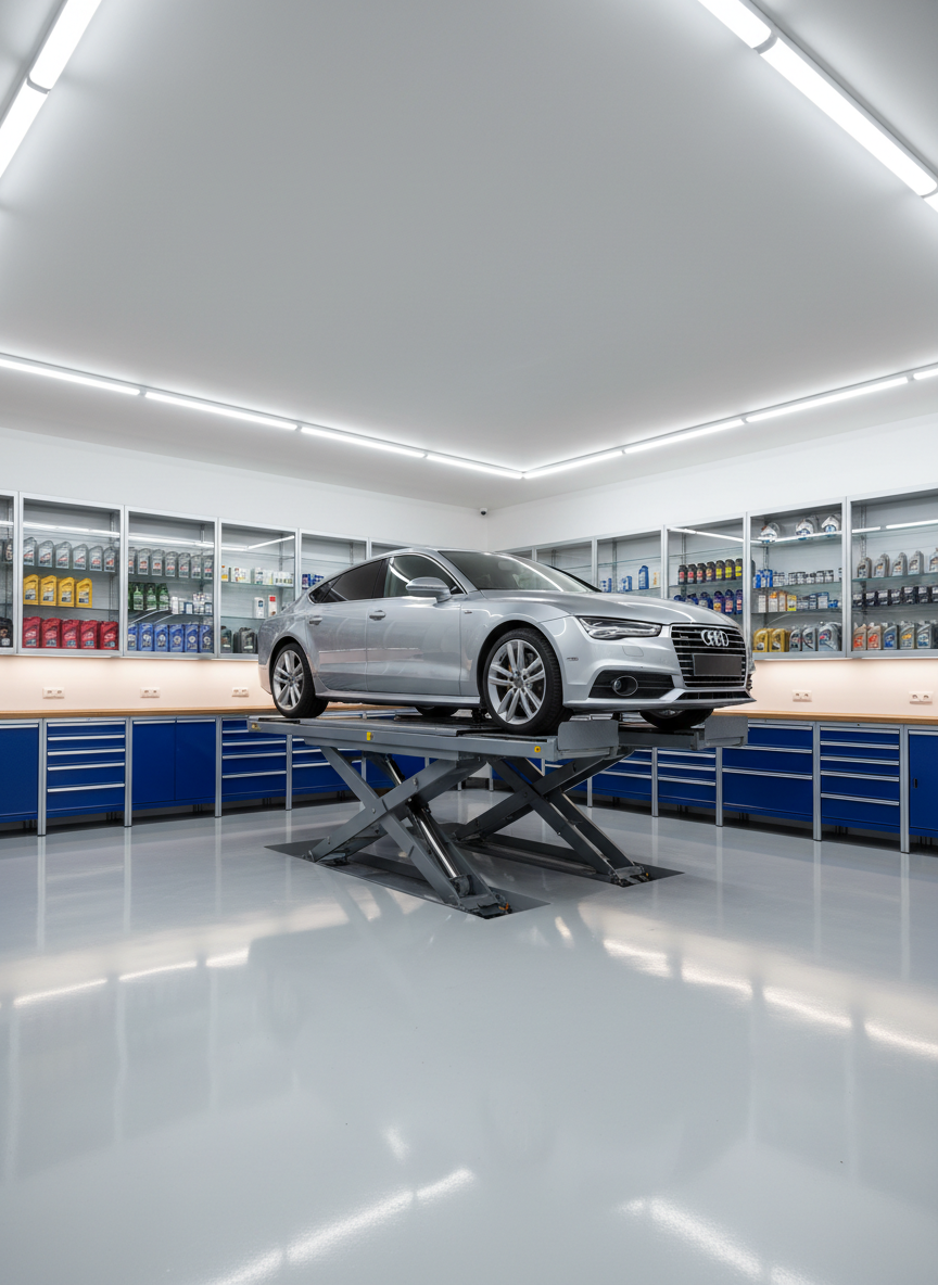 A spotless, modern automotive workshop interior with a metallic silver sedan elevated on a hydraulic lift at center, its undercarriage clearly visible. Around it, neatly organized tool cabinets in deep blue with chrome handles line the clean epoxy-coated floor, reflecting soft highlights. Shelves display labeled oil containers, filters, and spare parts in orderly rows. Cool, even overhead LED lighting bathes the scene, creating crisp, professional shadows and a sense of precision. Captured at eye level with sharp focus throughout for photographic realism, the composition emphasizes organization and trustworthiness, conveying a professional, efficient environment for general and preventive car maintenance, with no people present anywhere in the frame.